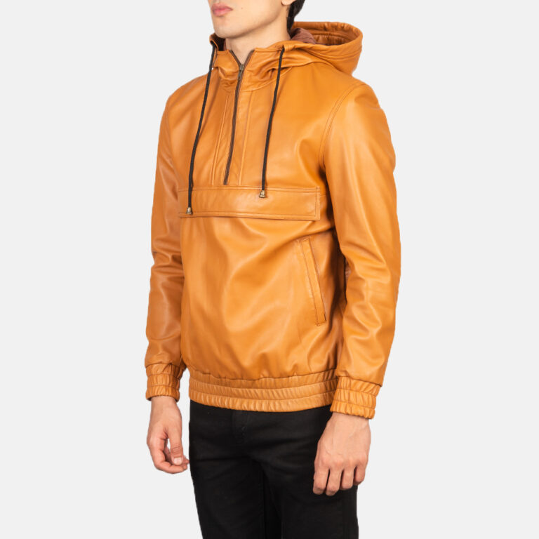Mens Kenton Hooded Brown Leather Pullover Jacket Side Pose-3-1634134367575